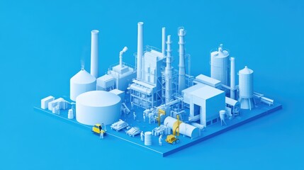 Aufkleber - A creative white paper cutout-style illustration of an industrial plant, workers, and equipment in an isometric view, with a peaceful blue background for contrast.