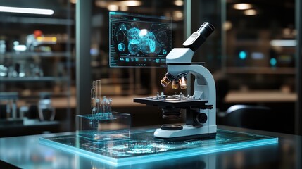 Poster - A cutting-edge digital microscope with holographic displays, showcasing advanced technology and innovation in science education.