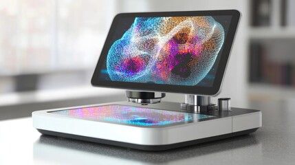 Poster - A cutting-edge digital microscope with holographic displays, showcasing advanced technology and innovation in science education.