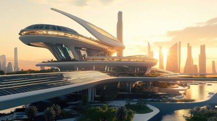 Poster - A cutting-edge solar power integration with tracking systems, capturing the sun energy efficiently, surrounded by a bright, clean environment.