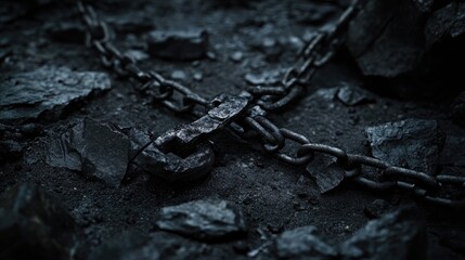 Poster - A dark and evocative image of a shattered chain on dark gray rocks, with a stark, black background, symbolizing vulnerability and separation.