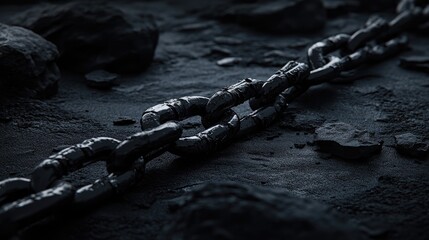 Poster - A dark and evocative image of a shattered chain on dark gray rocks, with a stark, black background, symbolizing vulnerability and separation.