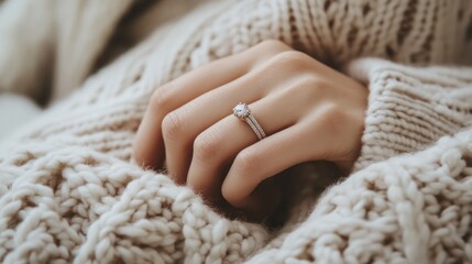 Poster - A detailed close-up of a woman's hand wearing a sparkling ring, gently placed on a sweater, creating a warm and stylish mood.