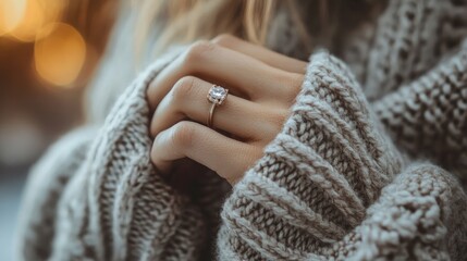 Poster - A detailed close-up of a woman's hand wearing a sparkling ring, gently placed on a sweater, creating a warm and stylish mood.