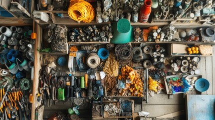 Poster - A detailed image of an artisan shop where discarded materials are being repurposed for new creations, highlighting circular economy practices.