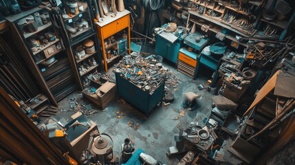 Poster - A detailed image of an artisan shop where discarded materials are being repurposed for new creations, highlighting circular economy practices.