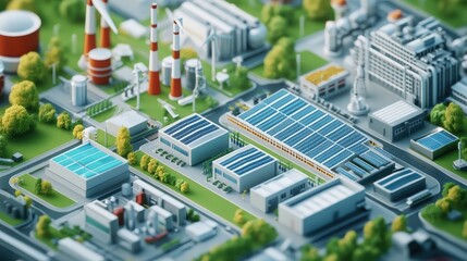 Aufkleber - A detailed isometric rendering of a modern industrial complex with a focus on sustainability, showing solar energy panels, wind turbines, and clean technologies.