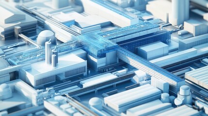 Poster - A detailed view of an industrial factory structure with blue roofs and white walls, set against a background of an industrial park.