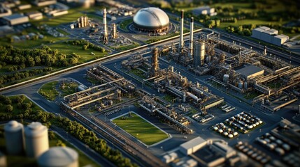 Aufkleber - A digital 3D rendering showing an industrial area, including a chemical plant and various other factories, surrounded by green spaces and roads.