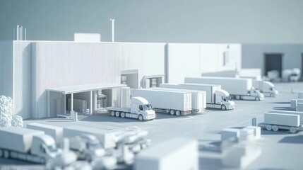 Aufkleber - A digital 3D model of a white modern factory area with logistics vehicles parked outside, highlighting the contemporary design and efficient use of space.