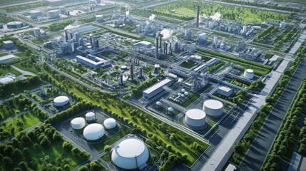 Aufkleber - A digital 3D rendering showing an industrial area, including a chemical plant and various other factories, surrounded by green spaces and roads.