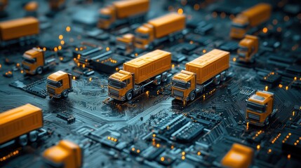 Poster - A digital circuit board backdrop with miniature orange trucks scattered across it, symbolizing the merging of logistics and technology.