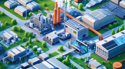 Poster - A digital isometric view of a cutting-edge industrial complex with integrated sustainable technology, including renewable energy systems and smart tech.