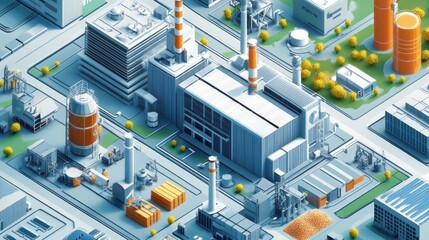 Poster - A digital isometric view of a cutting-edge industrial complex with integrated sustainable technology, including renewable energy systems and smart tech.