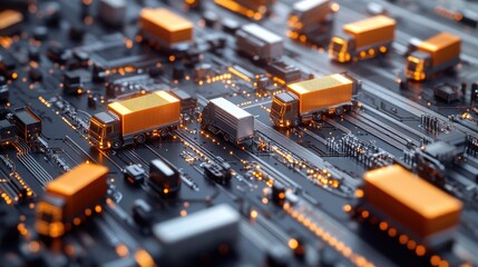 Poster - A digital circuit board backdrop with miniature orange trucks scattered across it, symbolizing the merging of logistics and technology.