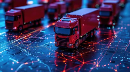 Poster - A digital map with close-up red trucks, highlighting concepts of logistics, transportation, and precise location tracking within modern delivery systems.