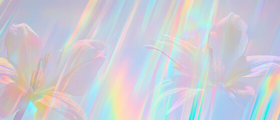 Poster - Vibrant holographic light rays illuminating a floral background with a spiritual essence