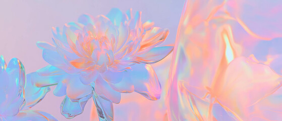 Poster - Abstract floral design featuring holographic liquid and delicate blooms in a vibrant composition