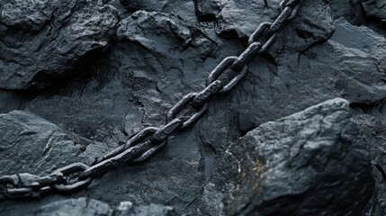 Poster - A dramatic scene of a broken chain resting on dark, rough gray rocks, against a shadowy background, conveying themes of brokenness and struggle.