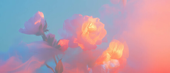 Poster - Holographic smoke with illuminated flowers creating a mystical atmosphere