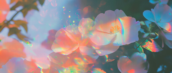 Poster - Iridescent holographic flowers create a vibrant abstract floral background design