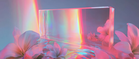 Aufkleber - Holographic prism and floral arrangement create a futuristic abstract backdrop