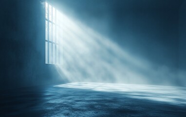 Poster - Sunbeams illuminate a dark, empty room.