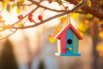 Brightly colored birdhouse hanging from a tree branch, providing shelter for birds in a warm sunset