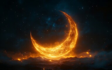 Wall Mural - fiery crescent moon over dark, smoky landscape.