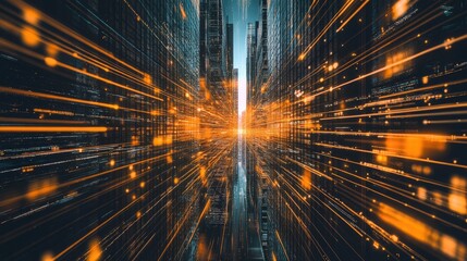Poster - A futuristic city filled with towering skyscrapers, where glowing digital lines of data weave through the buildings, representing the future of AI-driven cities.