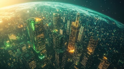 Poster - A futuristic city with glowing neon skyscrapers floating above a bright Earth, showcasing a world of advanced technology and urban growth.