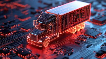 Poster - A futuristic digital cargo truck highlighted in red, positioned on a circuit board, symbolizing the integration of technology and logistics in modern supply chains.