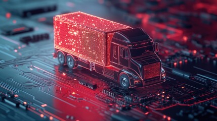 Poster - A futuristic digital cargo truck highlighted in red, positioned on a circuit board, symbolizing the integration of technology and logistics in modern supply chains.