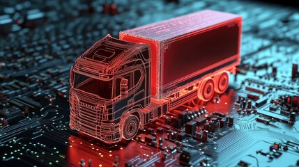 Poster - A futuristic digital cargo truck highlighted in red, positioned on a circuit board, symbolizing the integration of technology and logistics in modern supply chains.