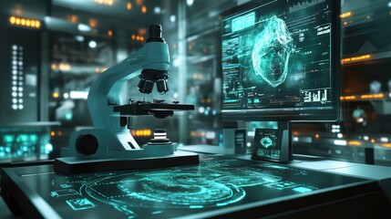Poster - A futuristic digital microscope with holographic projections, demonstrating the intersection of innovation and education in scientific research.