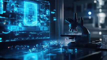 Poster - A futuristic digital microscope with holographic projections, demonstrating the intersection of innovation and education in scientific research.