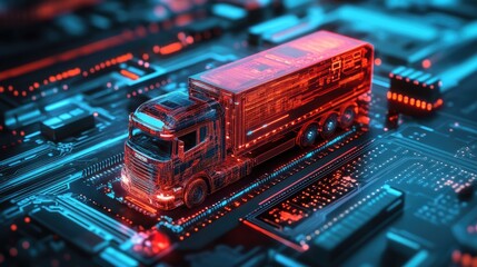 Poster - A futuristic red digital cargo truck on a high-tech circuit board, showcasing the integration of advanced technology into logistics and transportation.