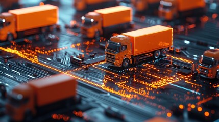 Poster - A futuristic scene featuring orange shipping trucks arranged on a digital circuit board, representing the fusion of logistics and technology.