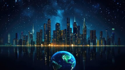 Poster - A futuristic urban skyline at night with a glowing Earth beneath it, featuring vivid blue oceans and green continents, captured in a powerful visual.