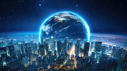 Poster - A futuristic urban skyline at night with a glowing Earth beneath it, featuring vivid blue oceans and green continents, captured in a powerful visual.