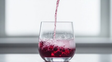 Poster - A gentle pour of cranberry syrup mixes with water in a glass, creating a beautiful ombre effect that transitions from deep red to clear.