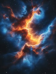 Wall Mural - fiery nebula in deep space with swirling orange and blue gases.