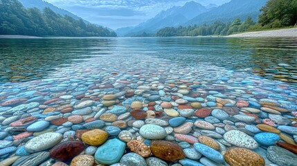 Poster - A peaceful and beautiful lake, with a clear and transparent surface. The bottom of the lake is covered with glass beads of various shapes and colors, blue, green, yellow, and pink.