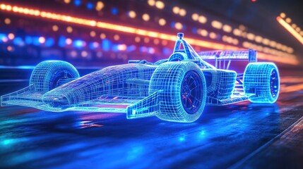 Poster - A glowing wireframe of an Indy car with racing wheels, set on a track with blue lights emphasizing its motion and high-speed capabilities.