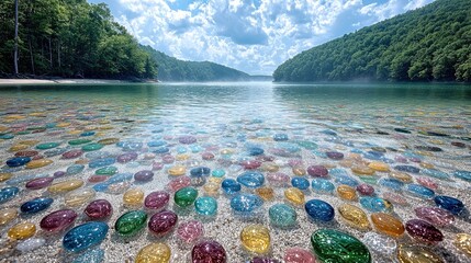 Poster - A peaceful and beautiful lake, with a clear and transparent surface. The bottom of the lake is covered with glass beads of various shapes and colors, blue, green, yellow, and pink.