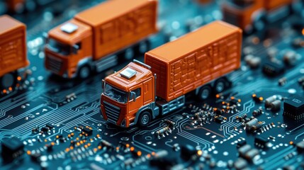 Poster - A group of miniature orange trucks positioned on a circuit board, illustrating the connection between logistics, transportation, and modern technology.