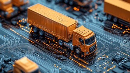 Poster - A group of miniature orange trucks positioned on a circuit board, illustrating the connection between logistics, transportation, and modern technology.