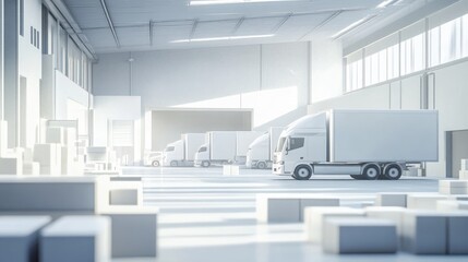 Poster - A high-quality 3D illustration of a clean, white factory space with neatly arranged parked logistics vehicles, capturing modern industrial design
