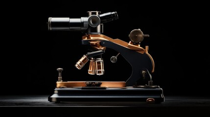 Poster - A high-quality microscope bathed in soft light, emphasizing its scientific details and creating a refined, precise atmosphere.