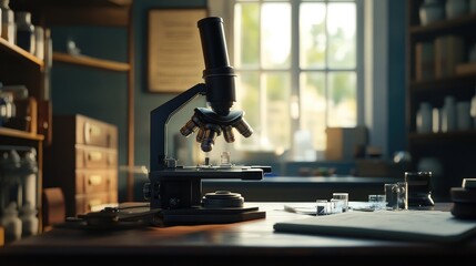 Poster - A high-quality microscope bathed in soft light, emphasizing its scientific details and creating a refined, precise atmosphere.